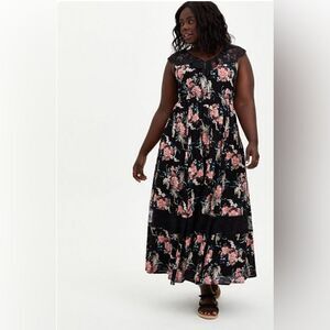Torrid maxi gauze smocked waist dress floral black size 3